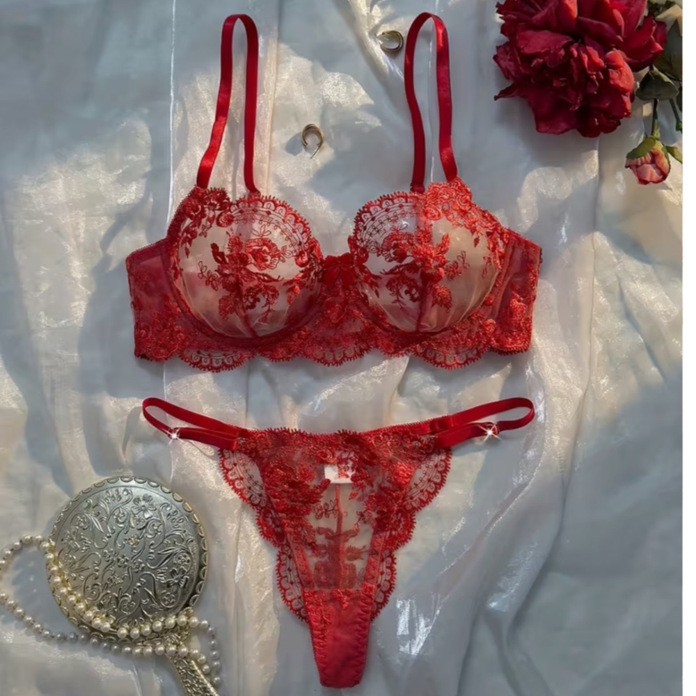 🌹 Crimson Red Embroidered Lace Bra & Panties Lingerie Set 🌹size XL